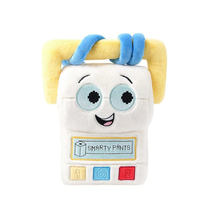 A plush toy shaped like a white appliance or character face with yellow hair-like loops, blue twisted top details, large blue eyes, a smiling mouth, and a front label reading 'SMARTY PANTS' above three colored buttons. Official Toy Story & Playroom Friends Premium Cotton Plush Collection by Titantoons