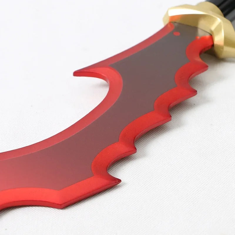 Red curved blade with gold handle on a white background Solo Leveling 61cm Premium Wooden Replica Dagger – Authentic Shadow Monarch Cosplay & Display Weapons (Knight Killer & Kasaka's Venom Fang Variants)