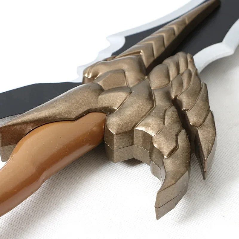 Close-up of a gold and brown weapon with intricate design on a white background Solo Leveling 61cm Premium Wooden Replica Dagger – Authentic Shadow Monarch Cosplay & Display Weapons (Knight Killer & Kasaka's Venom Fang Variants)