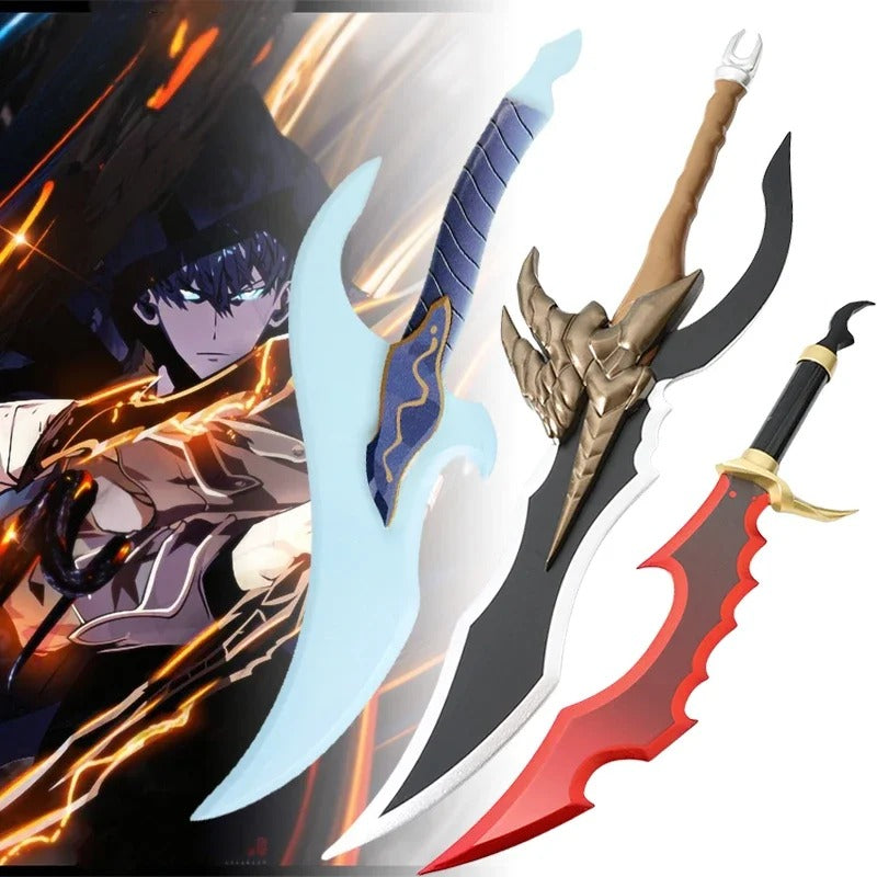 Three fantasy swords with different designs on a white background Solo Leveling 61cm Premium Wooden Replica Dagger – Authentic Shadow Monarch Cosplay & Display Weapons (Knight Killer & Kasaka's Venom Fang Variants) set