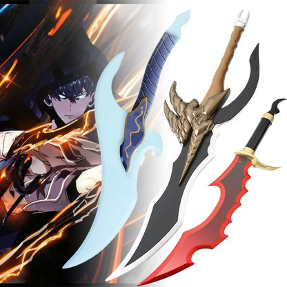 Three fantasy swords with different designs on a white background Solo Leveling 61cm Premium Wooden Replica Dagger – Authentic Shadow Monarch Cosplay & Display Weapons (Knight Killer & Kasaka's Venom Fang Variants) set