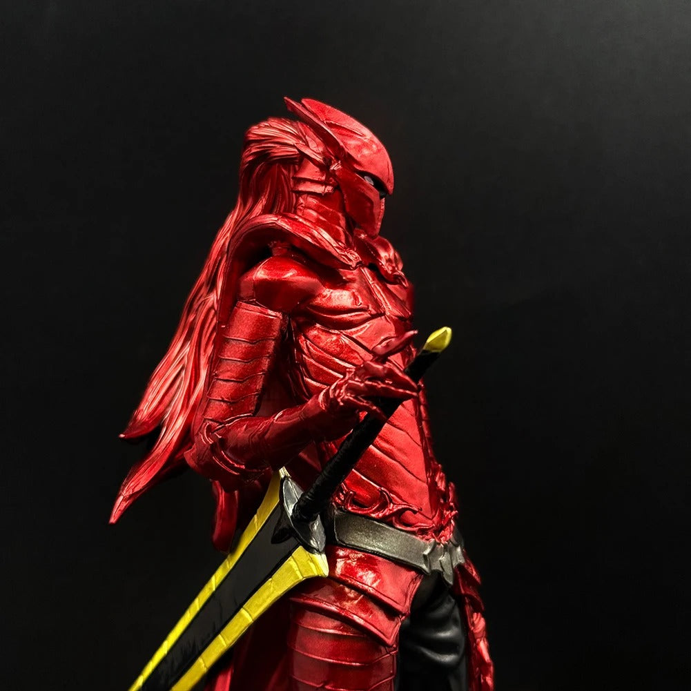 Red armored figure holding a weapon against a black background Solo Leveling Bloodred Knight Igris Premium 24cm PVC Statue – Job Change Quest Dungeon Boss Edition Crimson Armor Collectible Model closeup