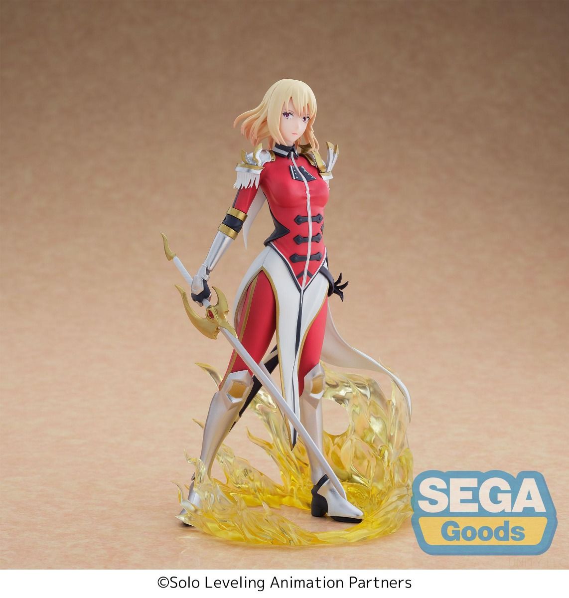 Animated character figurine with red and white outfit on a beige background, featuring Sega Goods logo. Solo Leveling Cha Hae-In Authentic SEGA Xross Link Prize Figure – S-Rank Hunter Diorama Combat Statue