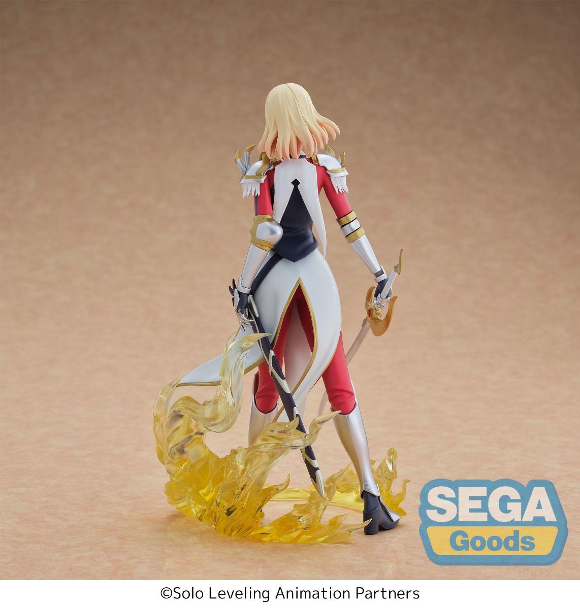 Action figure with blonde hair and a white outfit on a beige background, featuring SEGA Goods logo. Solo Leveling Cha Hae-In Authentic SEGA Xross Link Prize Figure – S-Rank Hunter Diorama Combat Statue back