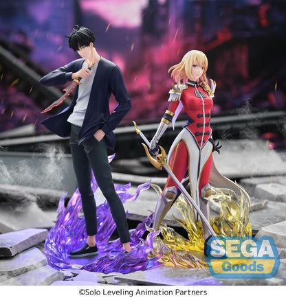 Two animated character figurines on a dramatic background with 'SEGA Goods' branding. Solo Leveling Cha Hae-In Authentic SEGA Xross Link Prize Figure – S-Rank Hunter Diorama Combat Statue both