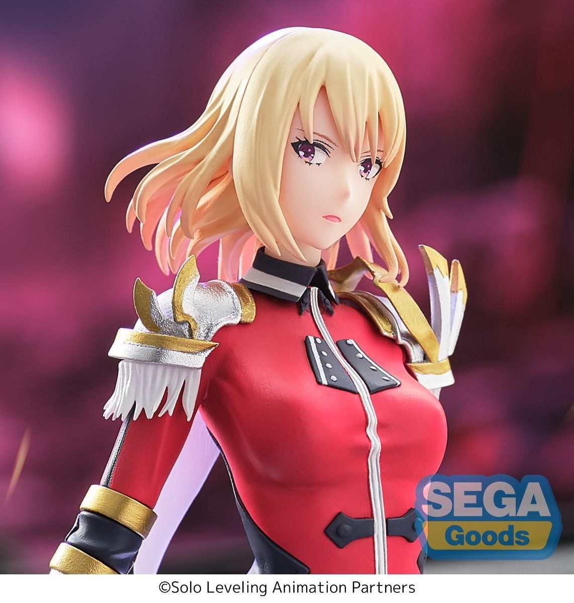 Animated character figure with red and gold outfit against a blurred background, featuring SEGA Goods logo. Solo Leveling Cha Hae-In Authentic SEGA Xross Link Prize Figure – S-Rank Hunter Diorama Combat Statue face