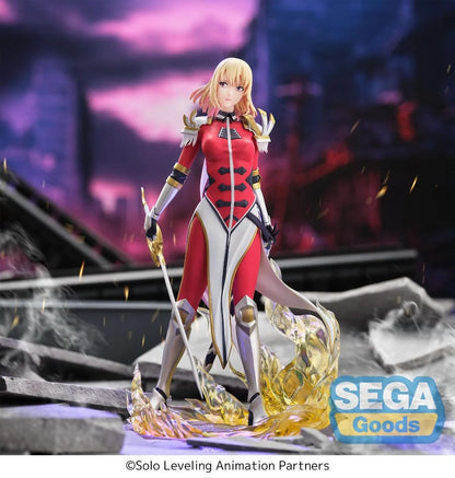 Animated character figure with red and white outfit, holding a sword, on a dark background with 'SEGA Goods' logo. Solo Leveling Cha Hae-In Authentic SEGA Xross Link Prize Figure – S-Rank Hunter Diorama Combat Statue front