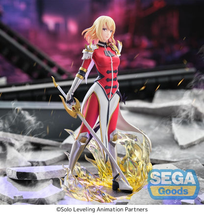 Animated character figure with a sword, standing on a rocky surface with a blurred background. Solo Leveling Cha Hae-In Authentic SEGA Xross Link Prize Figure – S-Rank Hunter Diorama Combat Statue
