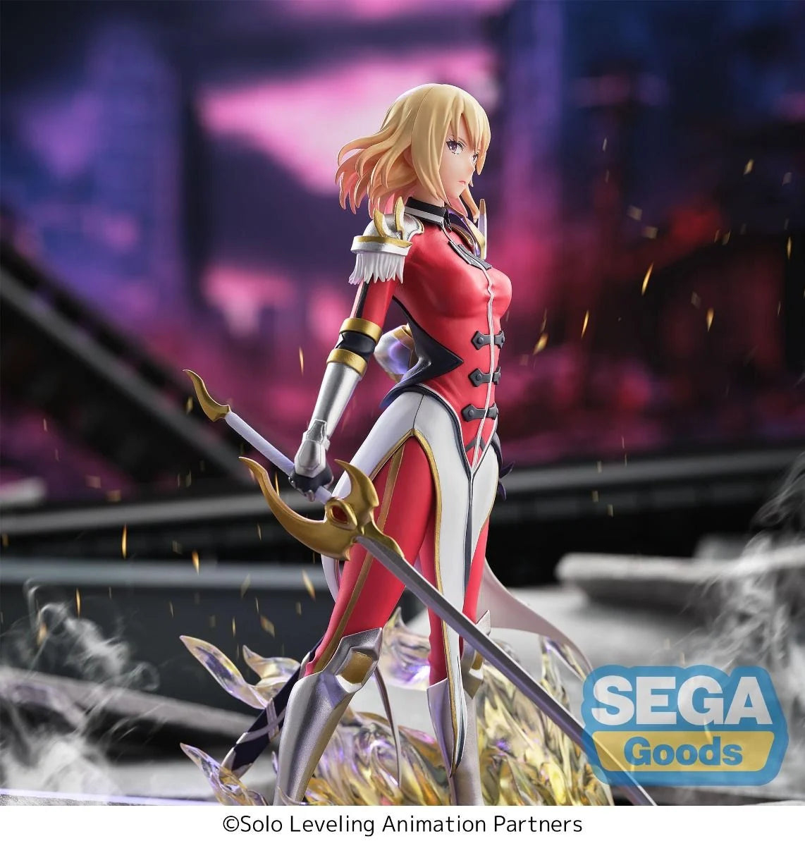 Animated character in red and silver outfit with weapon, SEGA Goods logo visible Solo Leveling Cha Hae-In Authentic SEGA Xross Link Prize Figure – S-Rank Hunter Diorama Combat Statue side