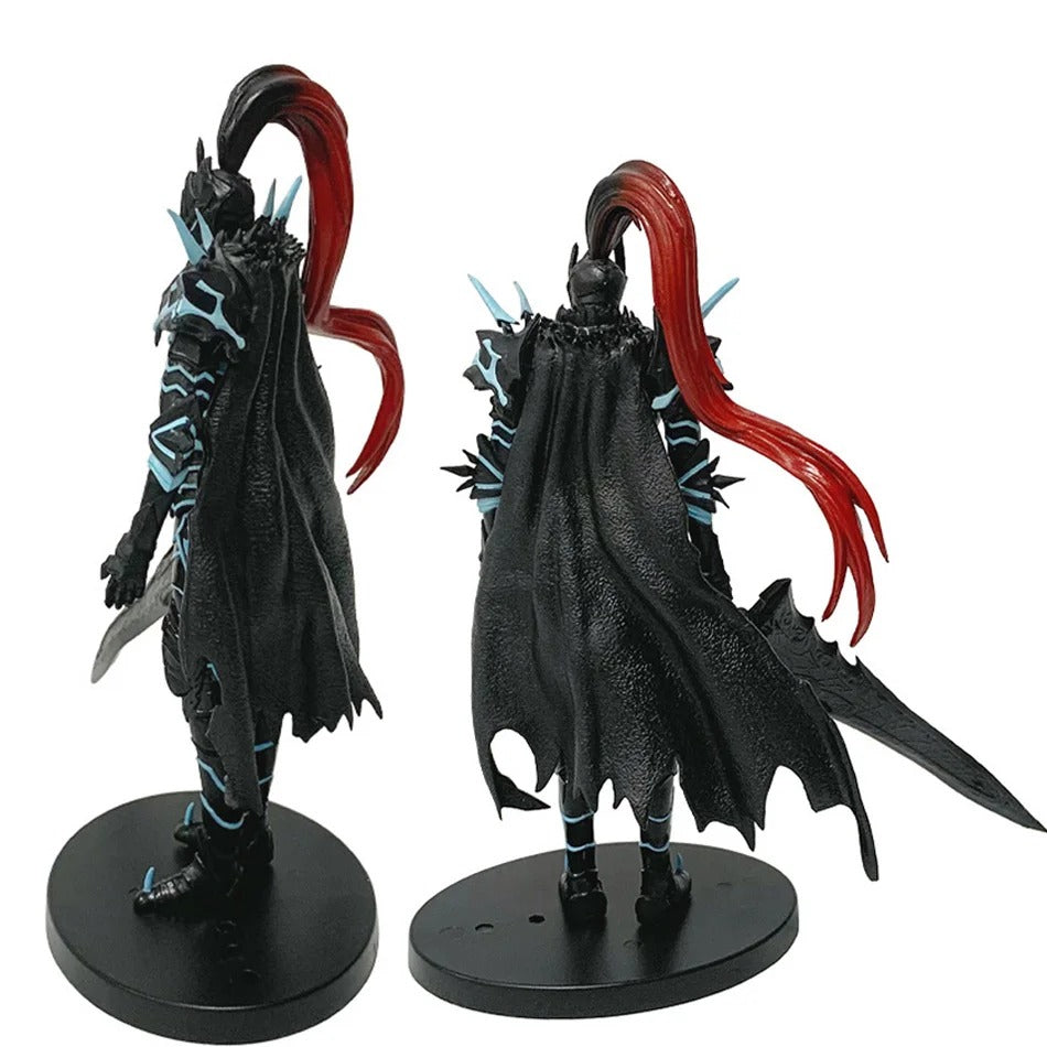 Two dark-themed figurines with red hair and black cloaks on a white background Solo Leveling Commander Igris Authentic 21cm PVC Statue Figure – Shadow Legion Blood Knight Edition Collectible Model
