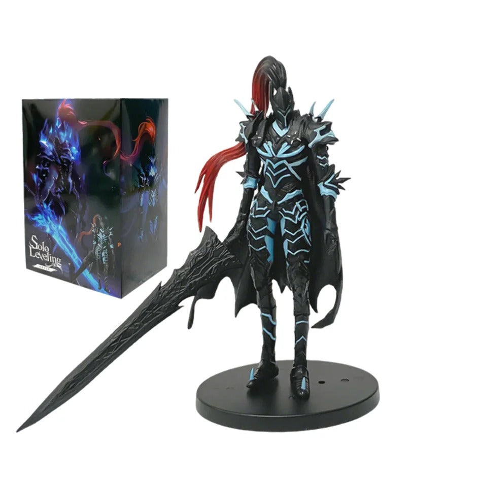 Fantasy figure with a long sword and glowing blue accents, next to its packaging. Solo Leveling Commander Igris Authentic 21cm PVC Statue Figure – Shadow Legion Blood Knight Edition Collectible Model box