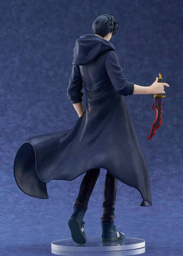 Figure of a character in a long dark coat holding a weapon against a blue background Solo Leveling POP UP PARADE L Size Sung Jinwoo Authentic 23cm Statue Figure – Shadow Monarch Awakening Edition back