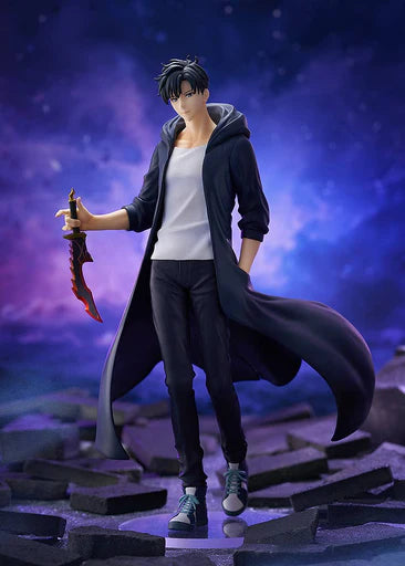 Action figure in a dark outfit holding a weapon against a purple and blue gradient background Solo Leveling POP UP PARADE L Size Sung Jinwoo Authentic 23cm Statue Figure – Shadow Monarch Awakening Edition front