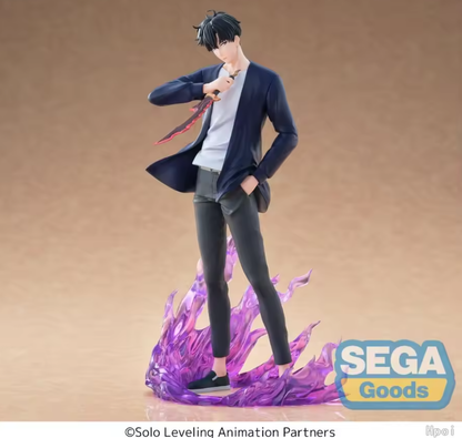 Figurine of a character with purple energy effect on a brown background, featuring the Sega Goods logo. Solo Leveling Sung Jinwoo Xross Link Figure Authentic SEGA Xross Link Prize Figure – Shadow Monarch Diorama Combat Statue