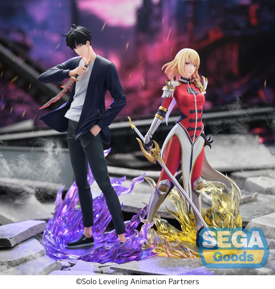 Two animated character figurines on a dramatic background with 'SEGA Goods' branding. Solo Leveling Sung Jinwoo Xross Link Figure Authentic SEGA Xross Link Prize Figure – Shadow Monarch Diorama Combat Statue both