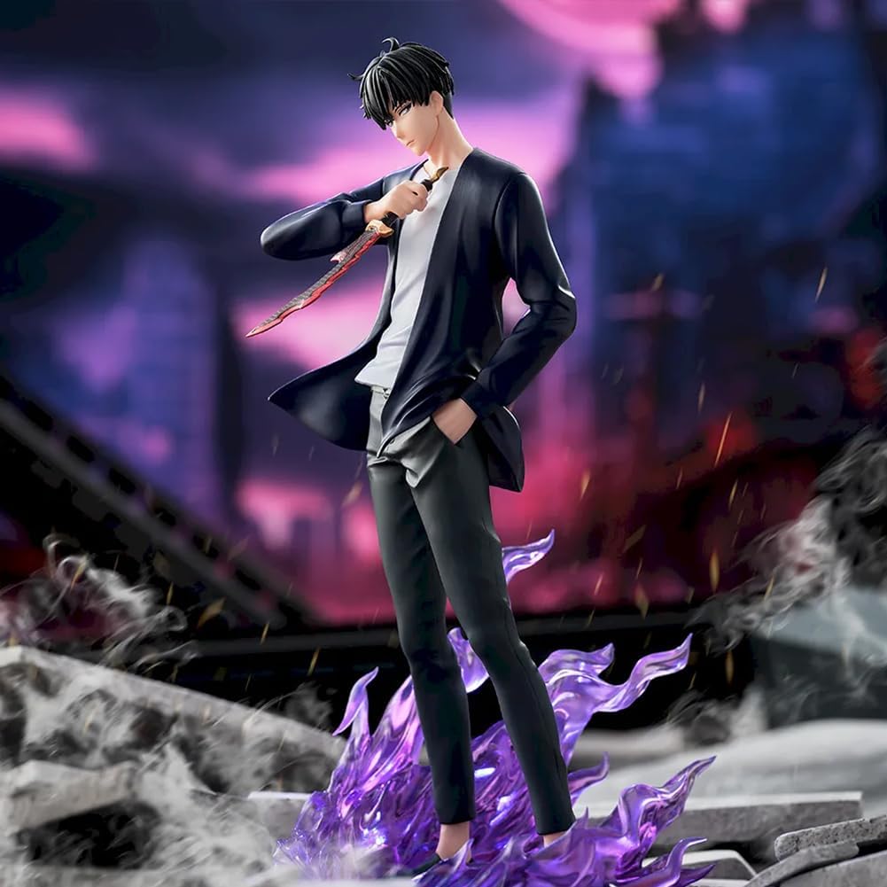 Figurine of a character in a suit with a bow, standing on a rocky surface with purple flames. Solo Leveling Sung Jinwoo Xross Link Figure Authentic SEGA Xross Link Prize Figure – Shadow Monarch Diorama Combat Statue side