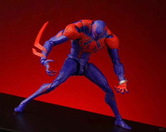 Action figure with red and blue suit on a red background Spider-Man 2099 (Miguel O'Hara) Across The Spider-Verse 1/12 Scale Action Figure by CT Toys