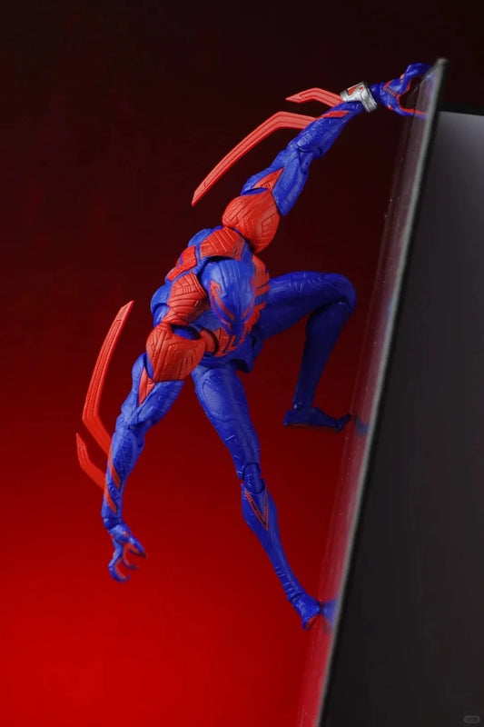 Spider-Man action figure on a reflective surface with a red background Spider-Man 2099 (Miguel O'Hara) Across The Spider-Verse 1/12 Scale Action Figure by CT Toys