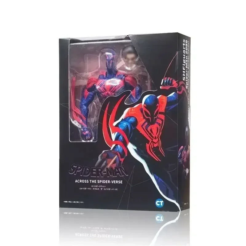 Boxed Spider-Man action figure from 'Across the Spider-Verse' with character design on packaging. Spider-Man 2099 (Miguel O'Hara) Across The Spider-Verse 1/12 Scale Action Figure by CT Toys