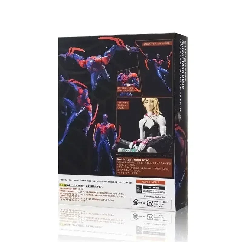 Product packaging with superhero figure and text on a white background Spider-Man 2099 (Miguel O'Hara) Across The Spider-Verse 1/12 Scale Action Figure by CT Toys
