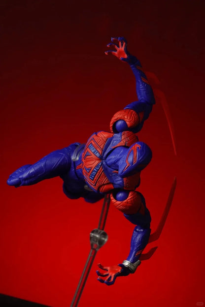 Superhero action figure in blue and red costume on a red background Spider-Man 2099 (Miguel O'Hara) Across The Spider-Verse 1/12 Scale Action Figure by CT Toys