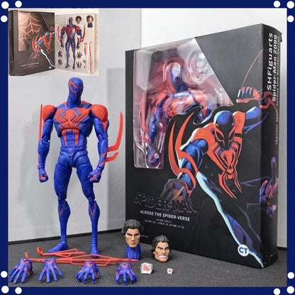 Spider-Man action figure with packaging and additional parts on a gray surface. Spider-Man 2099 (Miguel O'Hara) Across The Spider-Verse 1/12 Scale Action Figure by CT Toys