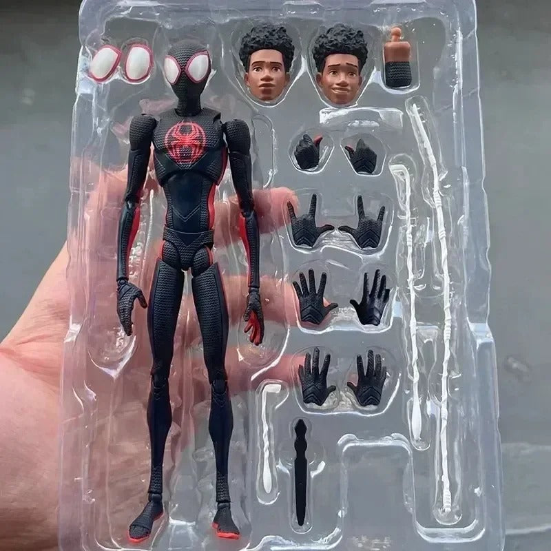 Action figure in packaging with interchangeable parts on a gray background Spider-Man: Across The Spider-Verse 1/12 Scale Collectible Action Figures by CT Toys