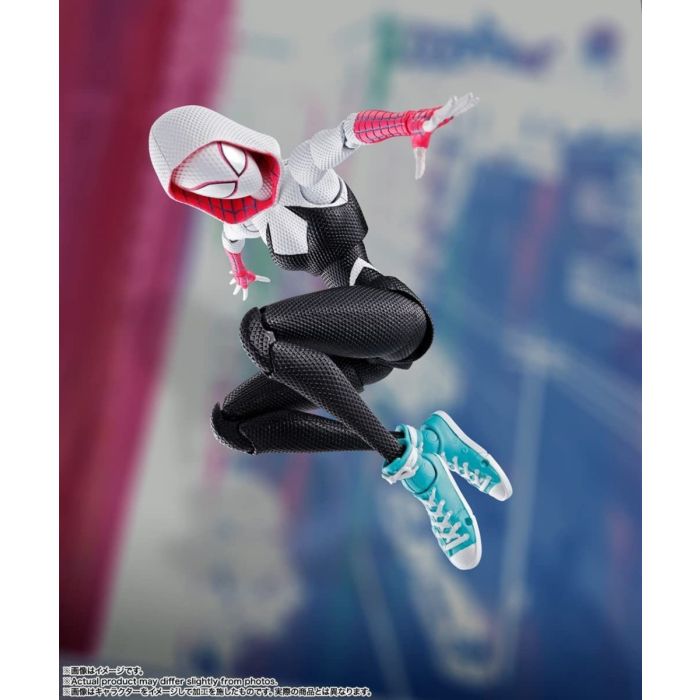 Superhero figure in a dynamic pose with a blurred cityscape background Spider-Man: Across The Spider-Verse 1/12 Scale Collectible Action Figures by CT Toys
