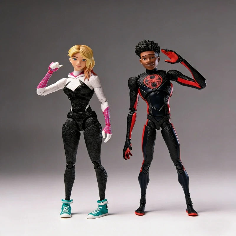 Two superhero action figures on a gray background Spider-Man: Across The Spider-Verse 1/12 Scale Collectible Action Figures by CT Toys waving
