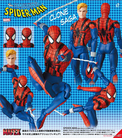 Spider-Man action figure set with multiple poses on a blue grid background Spider-Man: Ben Reilly Comic Edition (No. 143) 1/12 Scale Collectible Action Figure