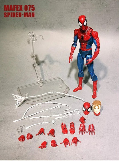 Spider-Man action figure with accessories on a gray surface, featuring MAFEX 075 branding. Spider-Man: Classic Comic Edition (No. 075) 1/12 Scale Collectible Action Figure