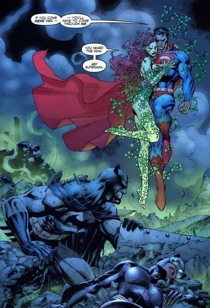 Comic book scene with Superman, Batman, and a woman in a red cape amidst a dark, smoky background. Superman: Hush Edition (No. 117) 1/12 Scale Collectible Action Figure by CT Toys