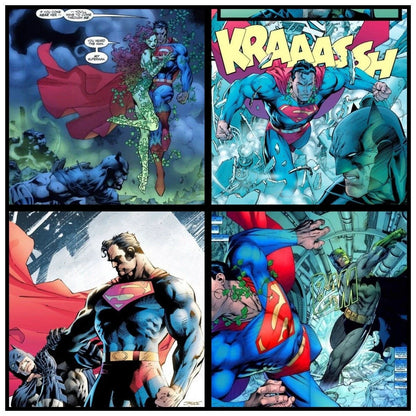 Four comic book panels featuring superhero action with characters in dynamic poses. Superman: Hush Edition (No. 117) 1/12 Scale Collectible Action Figure by CT Toys