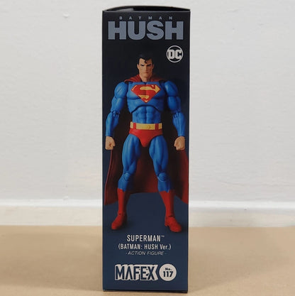 Superman action figure in packaging with 'Mafex' branding on a neutral background Superman: Hush Edition (No. 117) 1/12 Scale Collectible Action Figure by CT Toys