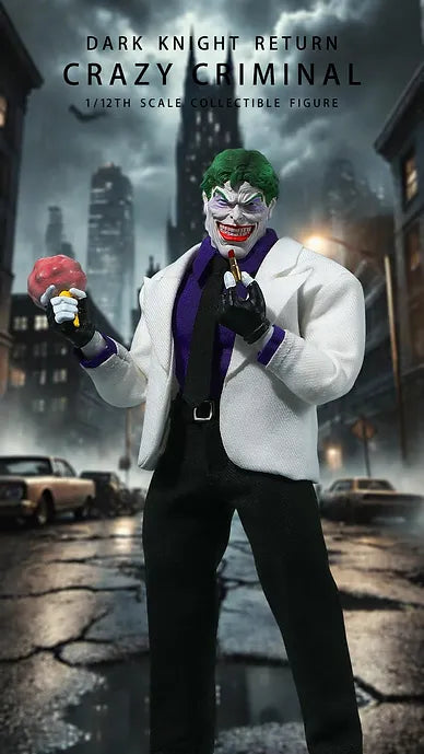 Figure of a character in a city street with text about 'Dark Knight Return' and 'Crazy Criminal'. The Crazy Criminal (JM005) 112 Scale Collectible Action Figure by JMToys
