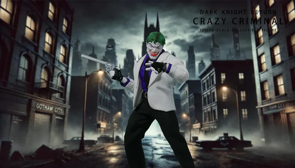 Action figure of The Joker from 'Dark Knight Rises' in a Gotham City street setting. The Crazy Criminal (JM005) 112 Scale Collectible Action Figure by JMToys