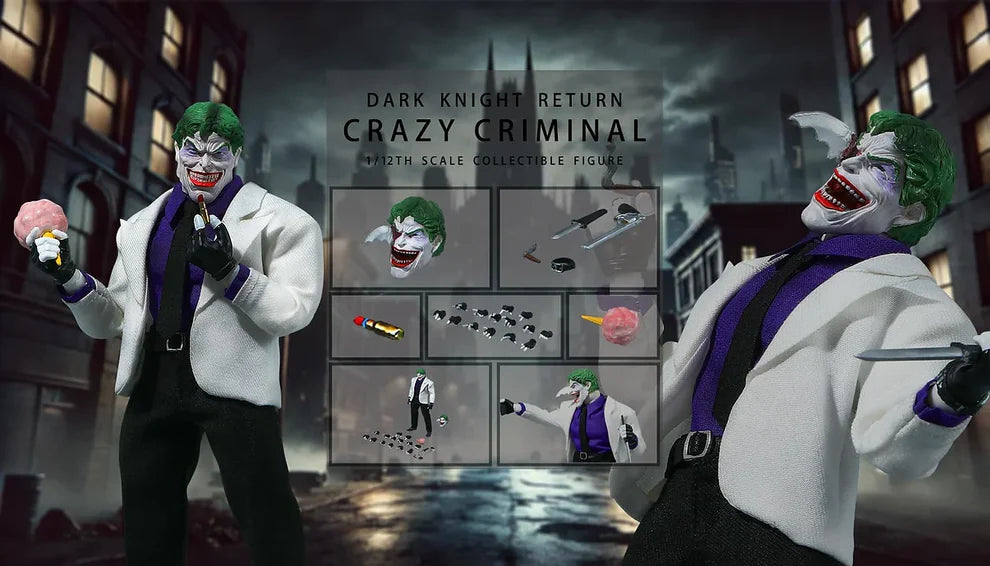 Action figure of a character in a dark-themed setting with packaging details. The Crazy Criminal (JM005) 112 Scale Collectible Action Figure by JMToys