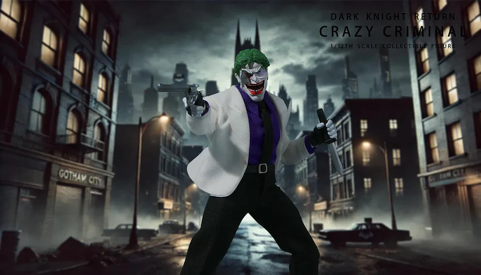 The Joker from 'Dark Knight Returns' in a Gotham City setting with text overlay. The Crazy Criminal (JM005) 112 Scale Collectible Action Figure by JMToys