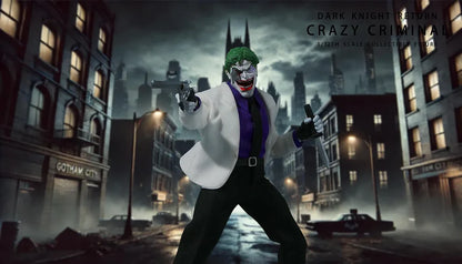 The Joker from 'Dark Knight Returns' in a Gotham City setting with text overlay. The Crazy Criminal (JM005) 112 Scale Collectible Action Figure by JMToys