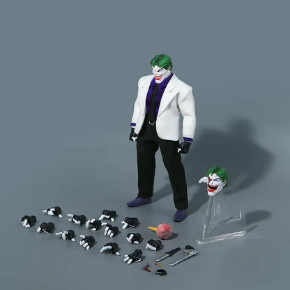 Action figure of The Joker with accessories on a gray background The Crazy Criminal (JM005) 112 Scale Collectible Action Figure by JMToys 