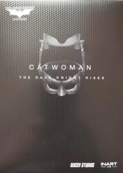 Promotional poster for 'Catwoman' from 'The Dark Knight Rises' with a mask design on a textured background. The Dark Knight Rises Catwoman 1/12 Scale Collectible Action Figure by INART