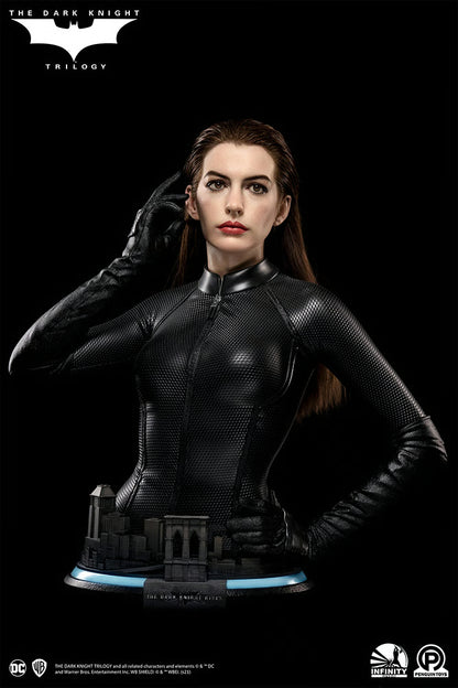 Bust of a character in a black suit with a dark background The Dark Knight Rises Catwoman (Selina Kyle) 1:1 Scale Life-Size Masterpiece Bust by Infinity Studio x Penguin Toys