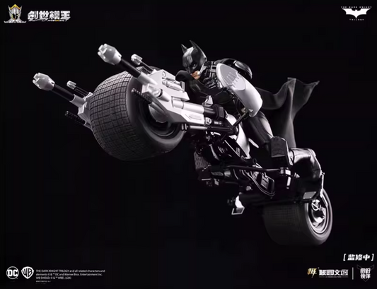 Batman figure on a motorcycle with a dark background The Dark Knight Trilogy Bat-Pod 1/12 Scale Precision Assembly Model Kit by Modoking