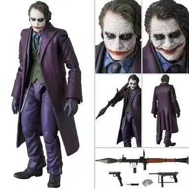 Action figure of a character in a dark suit with a mask, surrounded by close-up shots and weapons on a white background. The Joker: The Dark Knight Edition (No. 051) 1/12 Scale Collectible Action Figure