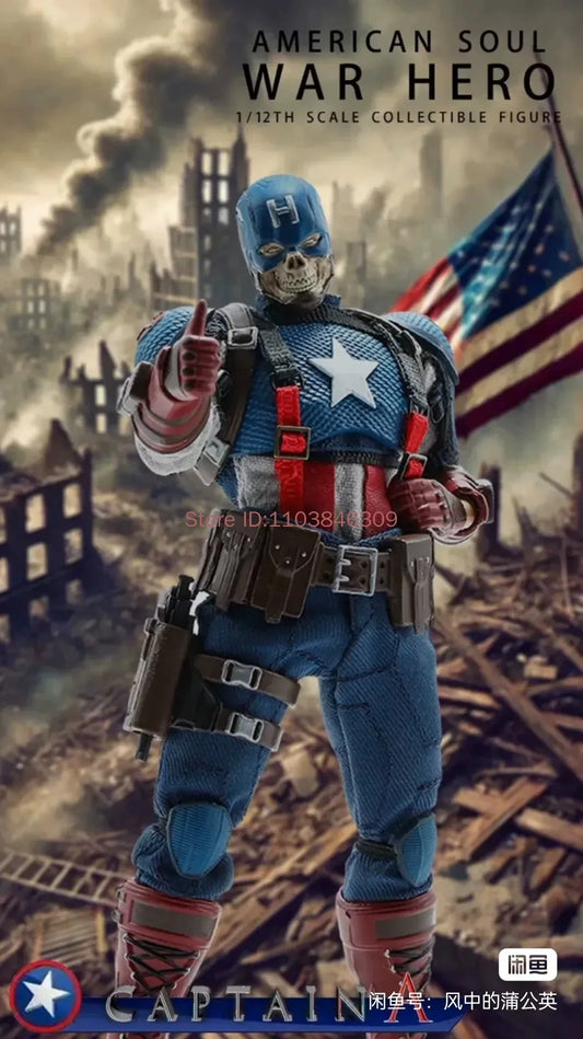 Action figure of a superhero in a war setting with an American flag in the background War Hero "American Soul" (JM003) 1/12 Scale Collectible Action Figure by Joy Man Toys
