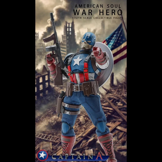 Action figure of a superhero in a war setting with an American flag in the background War Hero "American Soul" (JM003) 1/12 Scale Collectible Action Figure by Joy Man Toys
