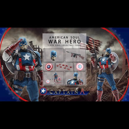 Collectible figure of a superhero in a patriotic costume with accessories, set against an American flag and cityscape background. War Hero "American Soul" (JM003) 1/12 Scale Collectible Action Figure by Joy Man Toys