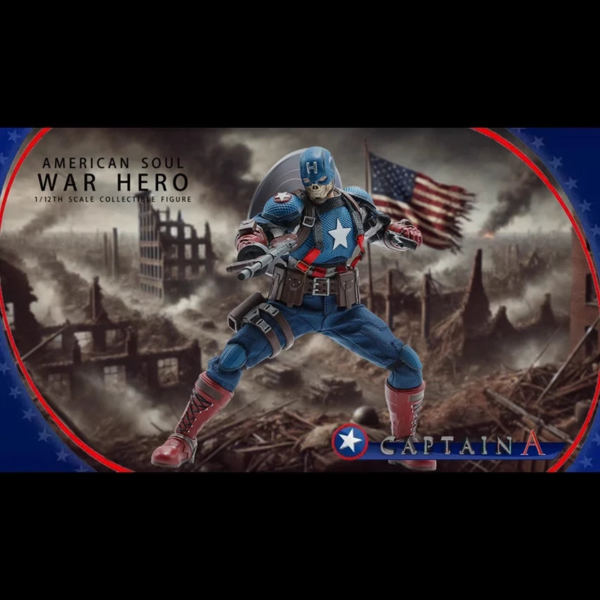 Figure of a superhero in a blue and red costume with an American flag, set against a war-torn cityscape. War Hero "American Soul" (JM003) 1/12 Scale Collectible Action Figure by Joy Man Toys