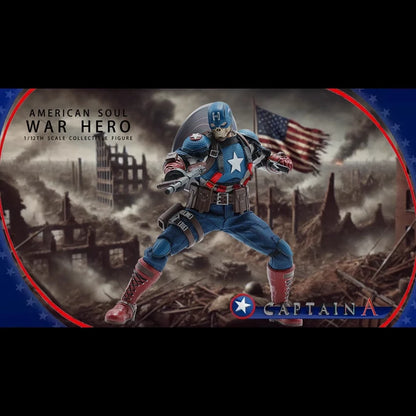 Figure of a superhero in a blue and red costume with an American flag, set against a war-torn cityscape. War Hero "American Soul" (JM003) 1/12 Scale Collectible Action Figure by Joy Man Toys