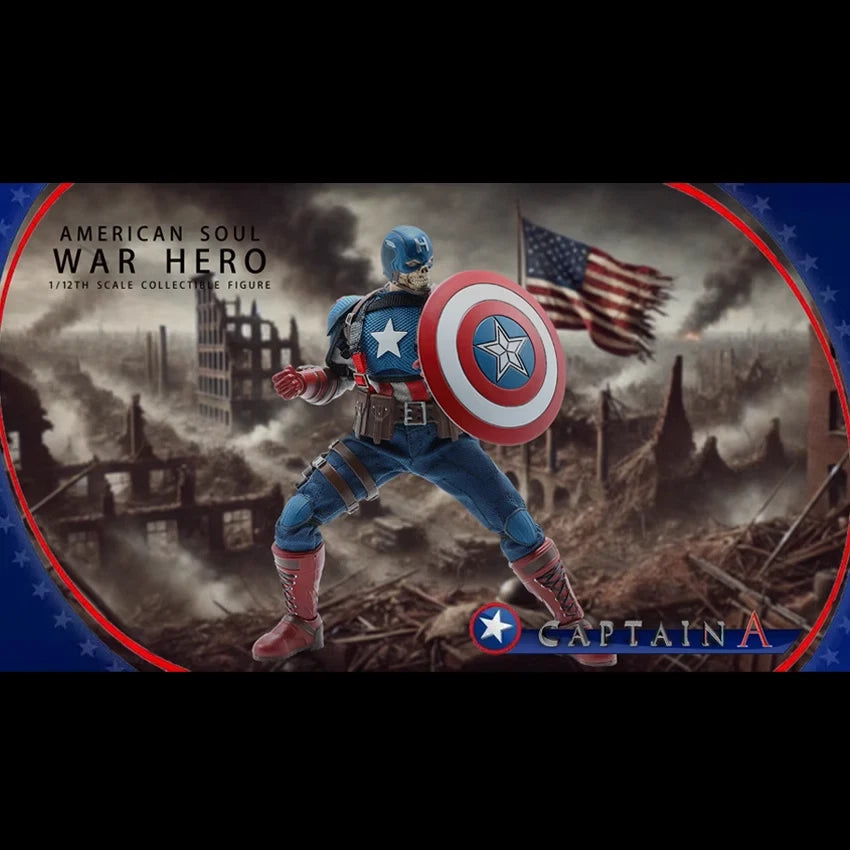 Figure of a superhero with a shield, American flag, and 'Captain A' branding against a war-torn cityscape background. War Hero "American Soul" (JM003) 1/12 Scale Collectible Action Figure by Joy Man Toys